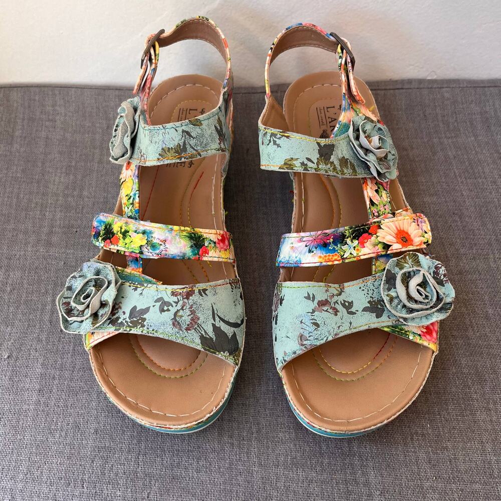 L'Artiste by Spring Step Joelina Dazi Sandals Size 39 Blue Floral Leather Artsy